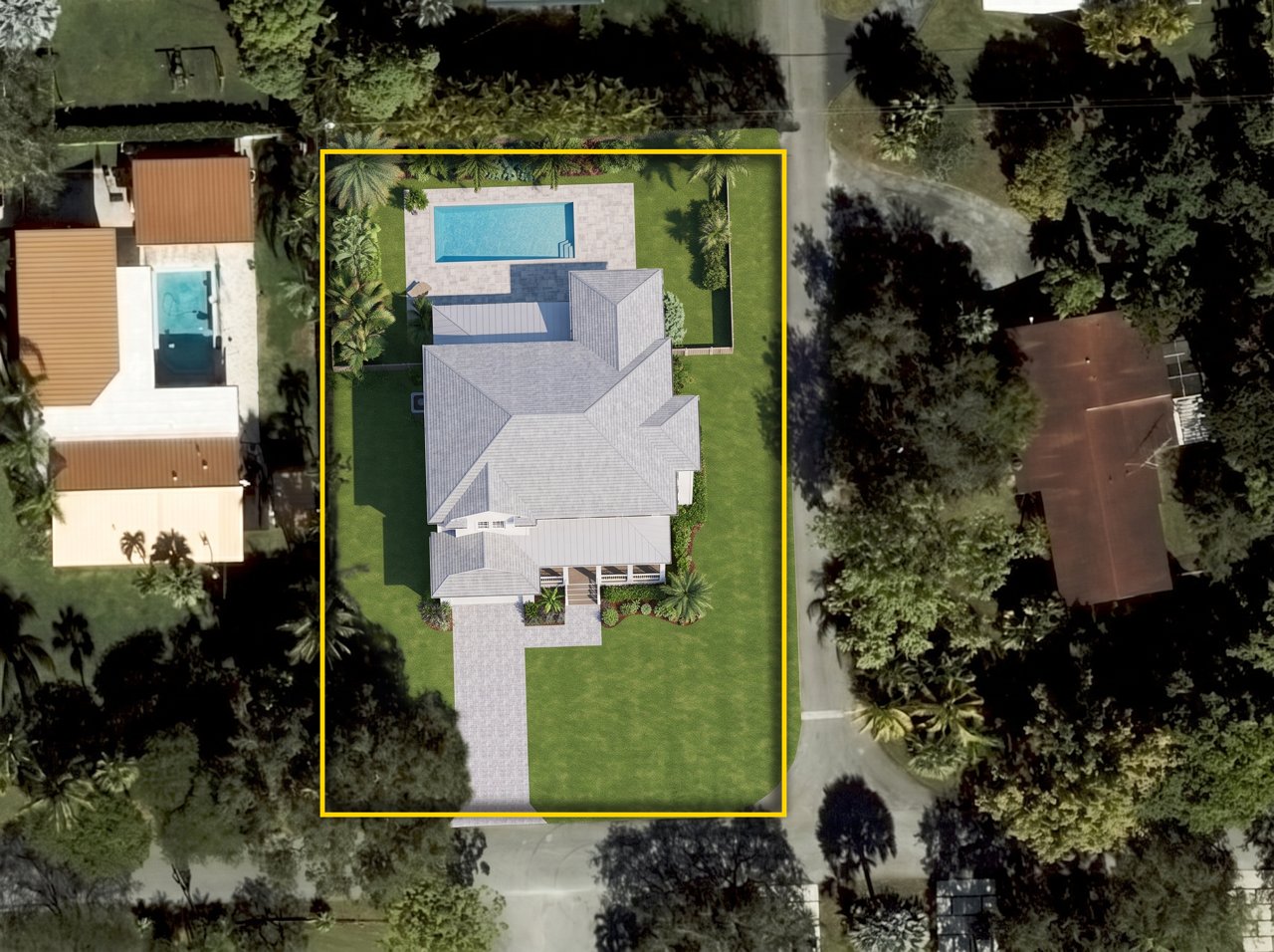 Concept rendering: overhead view of a two-story home with a pool, the 12940 SW 82 Ct lot outlined