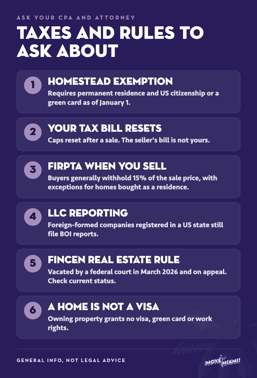 Infographic of taxes and rules to ask about when buying a home in Miami from abroad